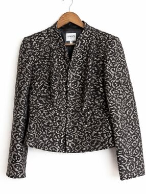 Armani Collezioni Cropped Peplum Jacquard Blazer Black Gray Hidden Button Jacket